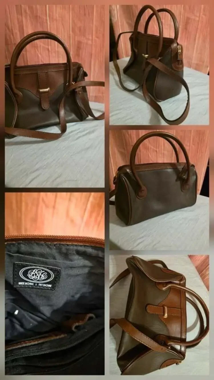Vintage Two-Tone Brown & Olive Satchel Bag - Double Handles & Crossbody Strap